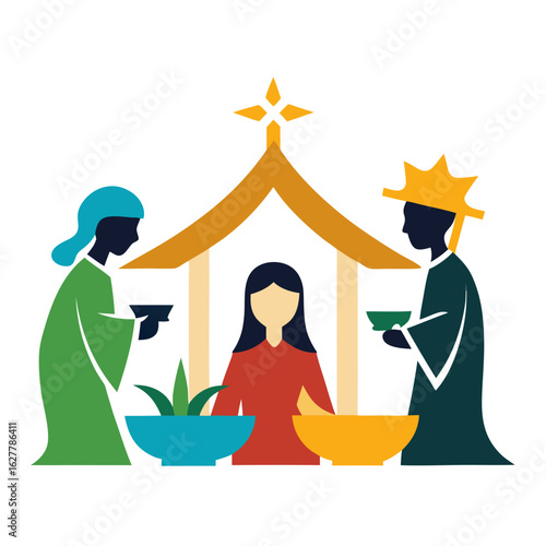 Nativity scene with mary and the three wise men isolated on white background