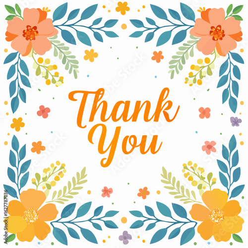 A square frame of orange flowers and blue leaves surrounds an elegant 