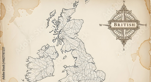 An old, vintage-style map of the British Isles, including Great Britain and Ireland, showing river systems on stained parchment.