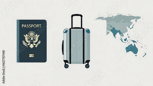 Ready for the Journey: A passport and suitcase alongside the world map, depicting ready for global travel. An artistic representation of wanderlust.
