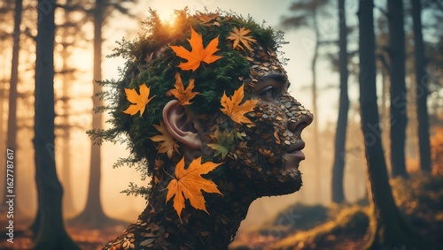 Human head profile merging with forest foliage and autumn leaves in a surreal nature concept
