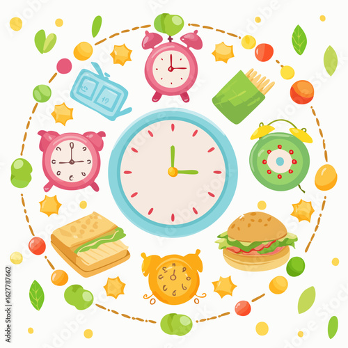 A colorful illustration of clocks, a burger, and a sandwich representing a daily meal schedule.
