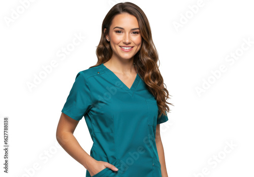 Young woman in teal scrubs isolated on transparent background