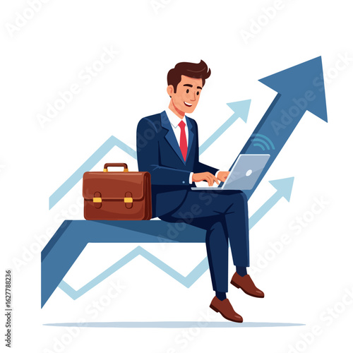 Successful Businessman Working on Laptop with Growth Arrow – Vector Illustration