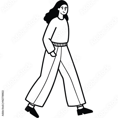 Woman walking with long wavy hair and casual outfit person female