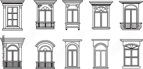 Assortment of Classical Window and Balcony Line Art Designs architecture facade