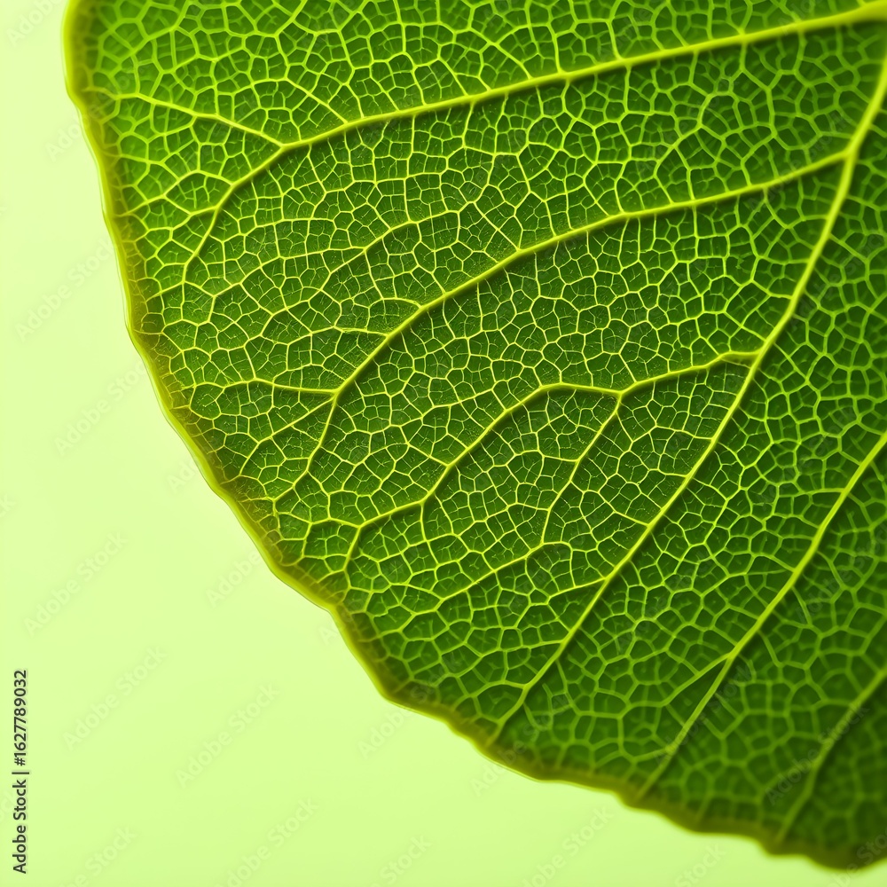 Fototapeta premium Close-up view of a vibrant green leaf's intricate vein structure.