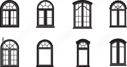 Assortment of eight black silhouette icons showcasing arched and decorative window designs architecture