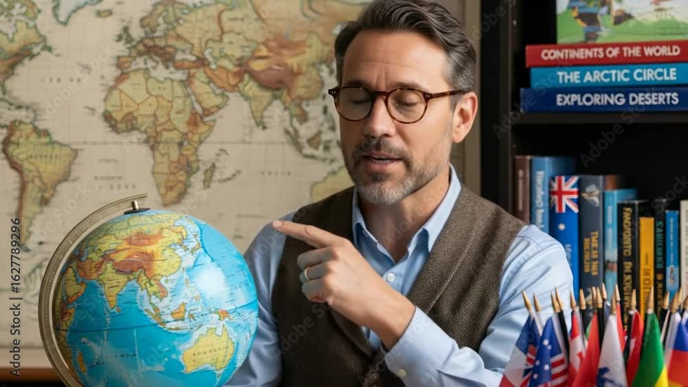 An instructor engages students by explaining geographic features while pointing to different regions on a globe. World maps and national flags create an educational atmosphere An instructor engages students by explaining geographic features while pointing to different regions on a globe. World maps and national flags create an educational atmosphere