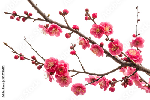 Ai generated image of a closeup studio shot of a blooming plum tree branch with vibrant pink blossoms and buds, isolated on a transparent background, capturing the delicate beauty of spring