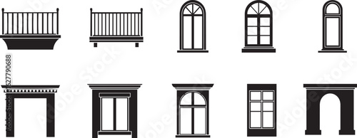 Assortment of ten architectural elements including windows balconies and doorways in black on white Keywords: architectural elements, windows, balconies, doorways, archway, entrance, facade