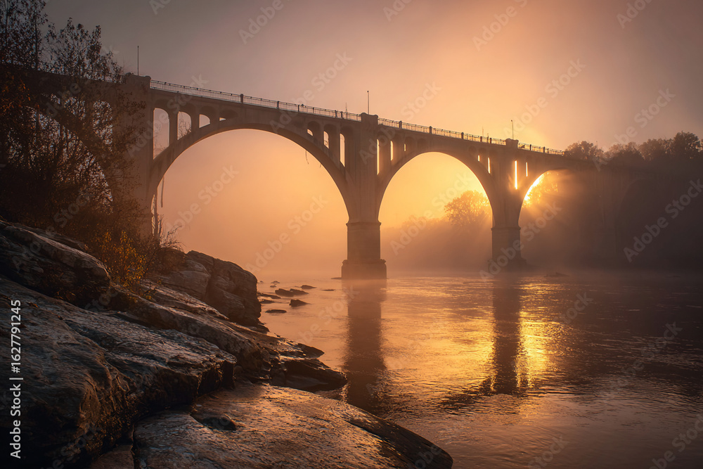 Fototapeta premium Stone arch bridge over a misty river at dawn, warm golden light filtering through fog
