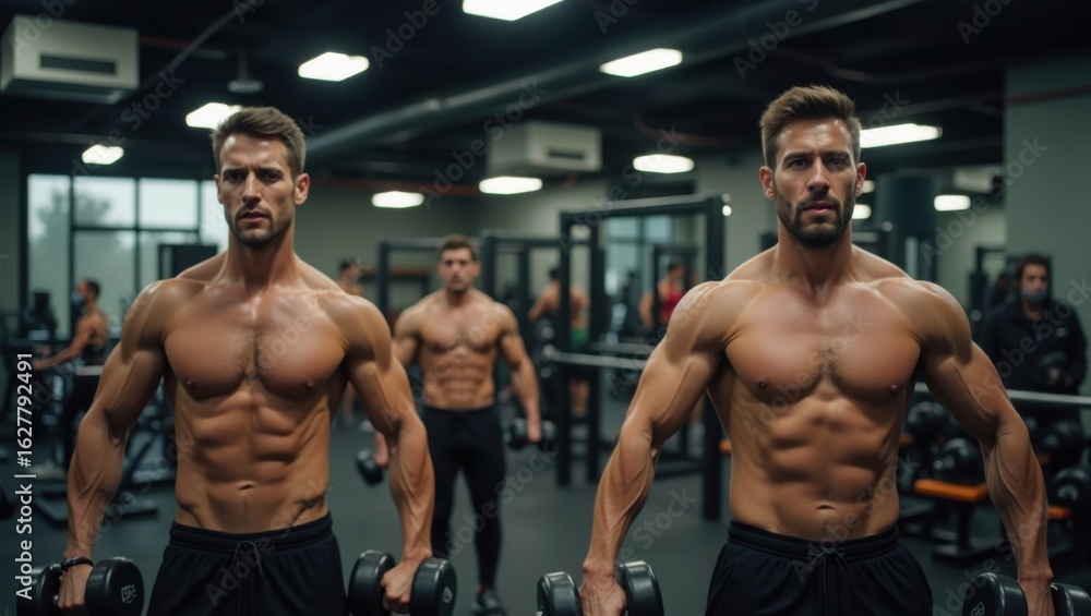 Fototapeta premium Muscular Men Performing Dumbbell Exercises in a Gym Setting Focused on Strength Training and Bodybuilding
