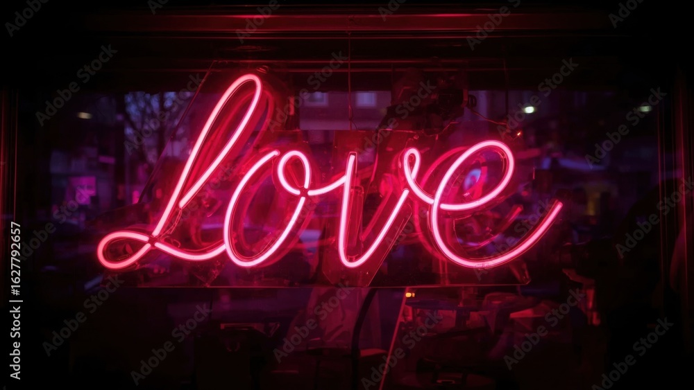 Obraz premium Bright Neon Love Sign Glowing Warmly in the Dark Cityscape