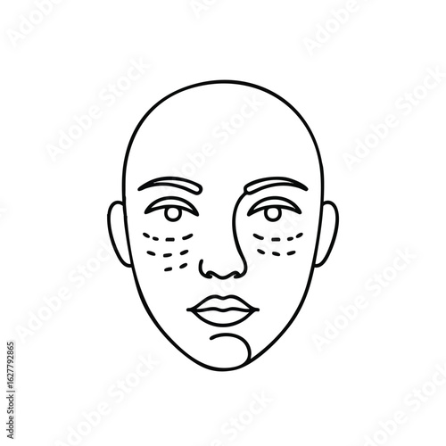 A simple line art illustration depicts a human face with dotted lines indicating potential areas for various cosmetic and plastic surgery procedures.