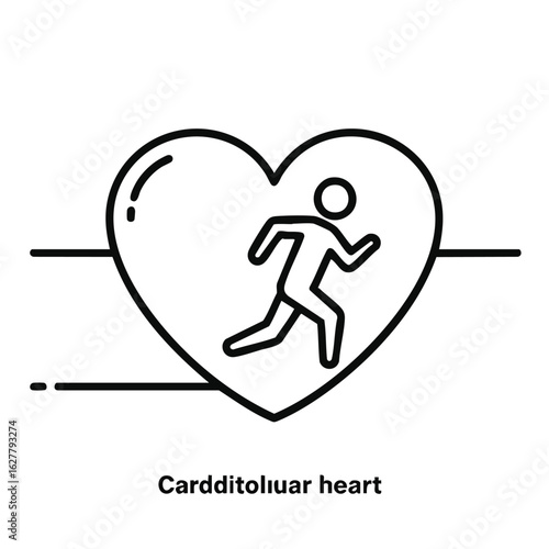 This minimalist line art illustration depicts a person running inside a heart shape, symbolizing vital cardiovascular health, fitness, and active lifestyle choices.