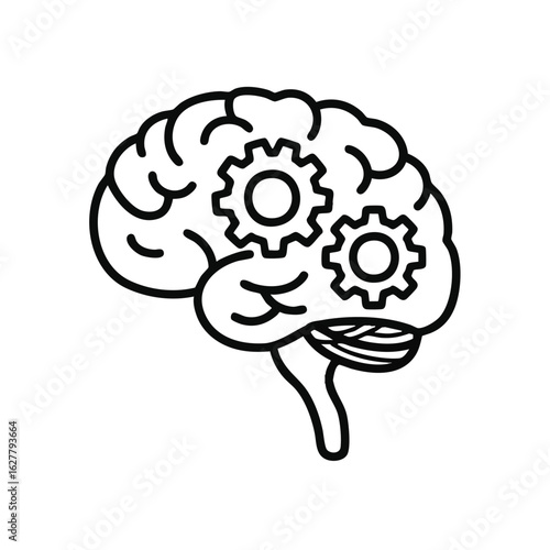 This minimalist line art illustration depicts a human brain with internal gears, symbolizing complex thought processes, artificial intelligence, and innovative problem-solving.