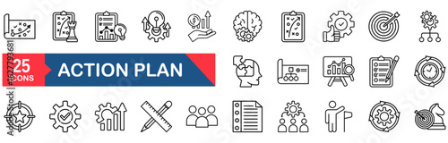 Action plan set of web icons in line style. Strategy action planning icons for web and mobile app. Containing strategy, analysis, planning, strategy, analysis, tasks, goal, implementation and more
