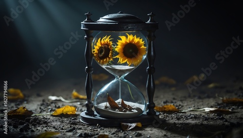 Sunflowers bloom inside an antique hourglass with dramatic lighting and fallen leaves