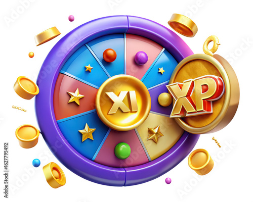 Lucky game wheel with xp coin and golden elements for chance rewards 3d illustration isolated on transparent background