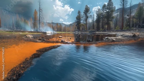 Forest after fire with reflection in water. Nature reviving after destruction. Suitable for environmental projects and documentaries about nature restoration.
