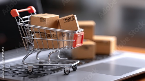 Small shopping cart filled with cardboard boxes sits atop a laptop keyboard