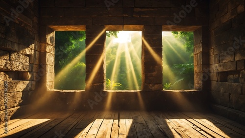 Sunlight streams through ancient stone windows illuminating a rustic wooden floor with dramatic light rays