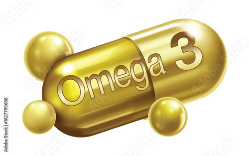 A 3D illustration of a golden vitamin omega 3 supplement capsule with a glossy, metallic finish.