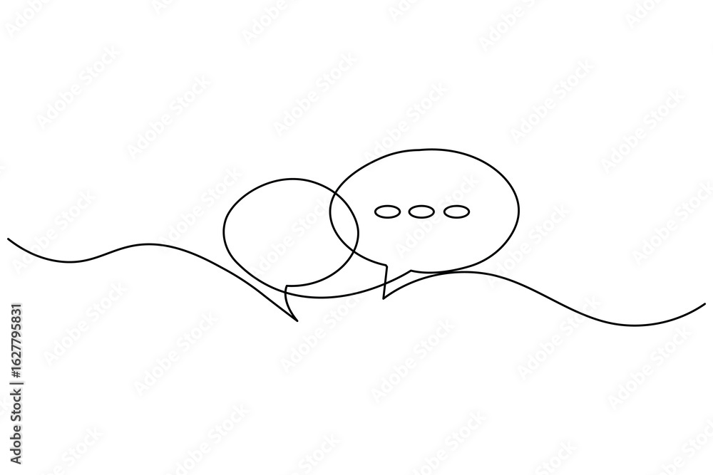 Fototapeta premium Minimalist one line drawing of two speech bubbles with ellipsis, symbolizing conversation or communication.