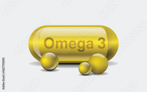 A 3D illustration of a golden vitamin omega 3 supplement capsule with a glossy, metallic finish.