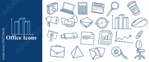 Office icon set, business and workplace doodle illustration, hand-drawn line vector of office supplies, chart, stationery, and work elements