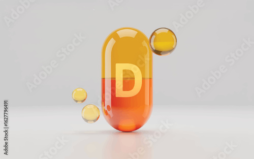 A 3D illustration of a vitamin D supplement capsule in a golden-orange color.  