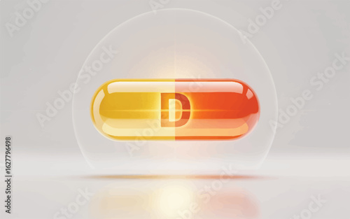 A 3D illustration of a vitamin D supplement capsule in a golden-orange color.  