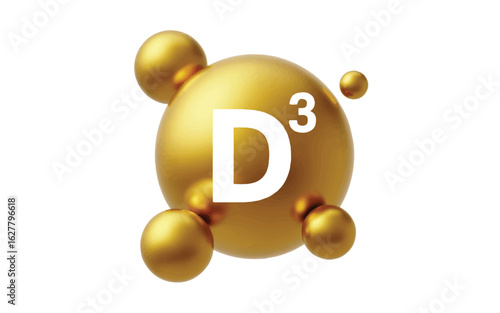 A 3D illustration of a vitamin D3 supplement capsule in metallic gold color.  