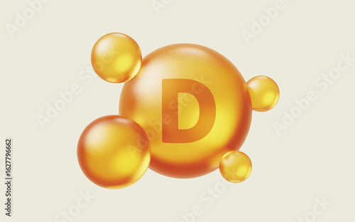 A 3D illustration of a vitamin D supplement capsule in a golden-orange color.  