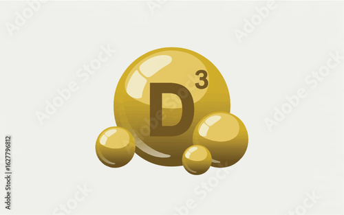 A 3D illustration of a vitamin D3 supplement capsule in metallic gold color.  