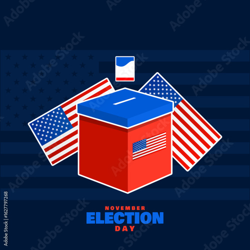 Election Day to celebrate in November. Illustration of a ballot box with an American flag on a dark blue background.