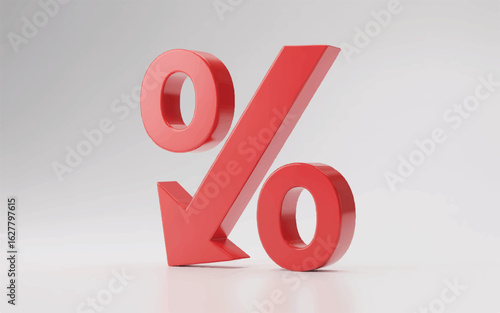 A 3D rendered red percentage symbol (%) with a downward-pointing arrow through it, creating a negative sign.