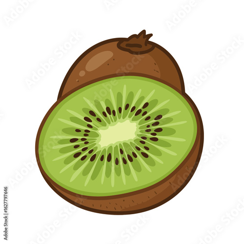Vibrant cartoon illustration of a fresh kiwi fruit, whole and sliced in half, isolated on a white background. Concept of healthy eating and organic food.