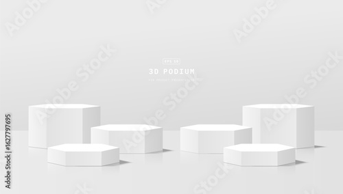 Empty clean studio room with six realistic white 3d hexagon podium pedestal for product display stand. Minimal scene for cosmetic mockup. 3d vector geometric platform. 3d stage vector rendering.
