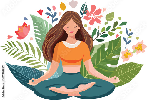 Woman meditating in lotus pose with tropical leaves and floral background – peaceful yoga and mindfulness vector illustration