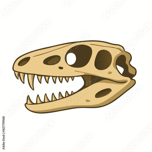A cartoon dinosaur skull vector illustration with sharp teeth on a white background side view