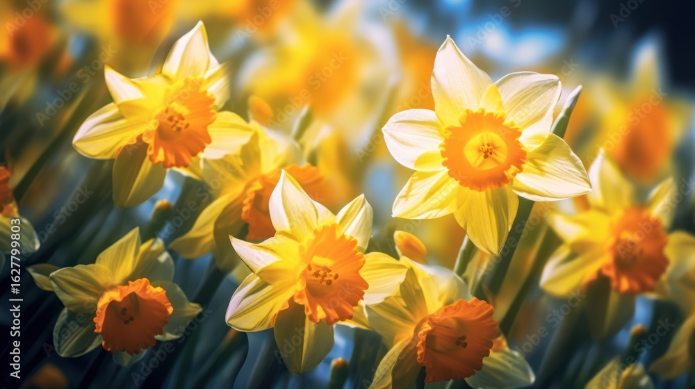 Fototapeta premium blossoms, daffodils, spring flowers, bright yellow petals, nature, garden, field, vibrant colors, close-up, detailed, highly detailed, photorealistic, seamless, 8k, high resolution, vivid