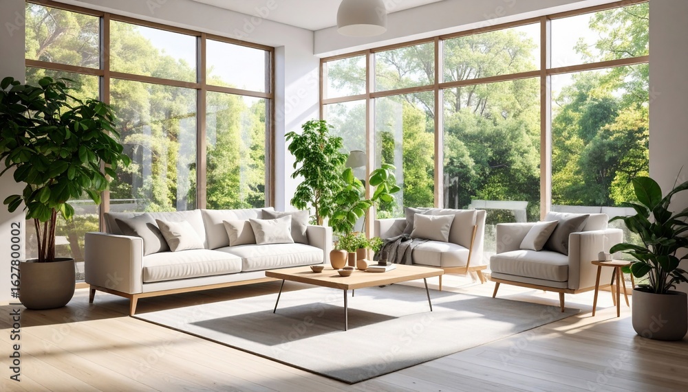 Obraz premium Modern Living Room with Lush Greenery View