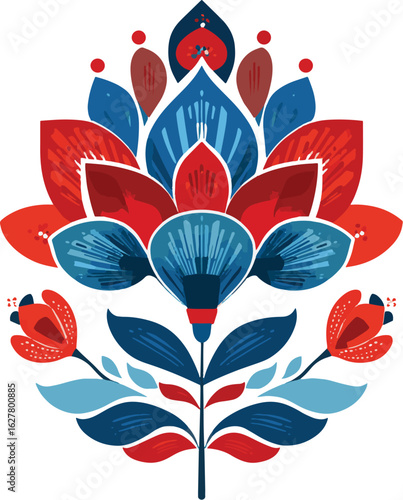 Nordic folk style abstract flower, bold geometric patterns, vivid reds and blues, minimalist and clean, isolated white background.