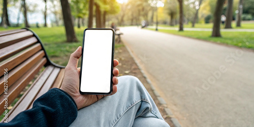 Person Holding Smartphone in Park – Outdoor, Technology, Mobile, Blank Screen, Mockup, Communication, Lifestyle, Nature, App