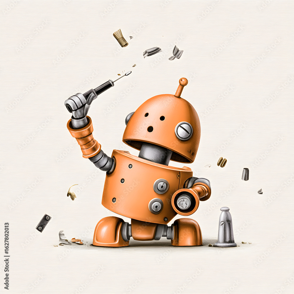 Fototapeta premium Robot Repairing Itself with Metallic Parts on White Background