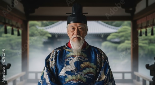 Elderly Japanese Emperor Wearing Deep Blue Robes in the Mist of Ancient Garden Pavilion
