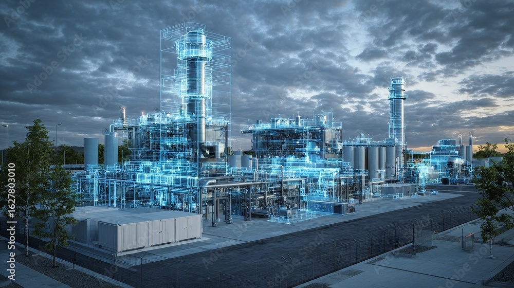 Fototapeta premium Futuristic Industrial Complex with Digital Overlay and Cloudy Sky