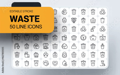 A set of 50 thin line icons arranged in a grid format, featuring waste and recycling themes.
